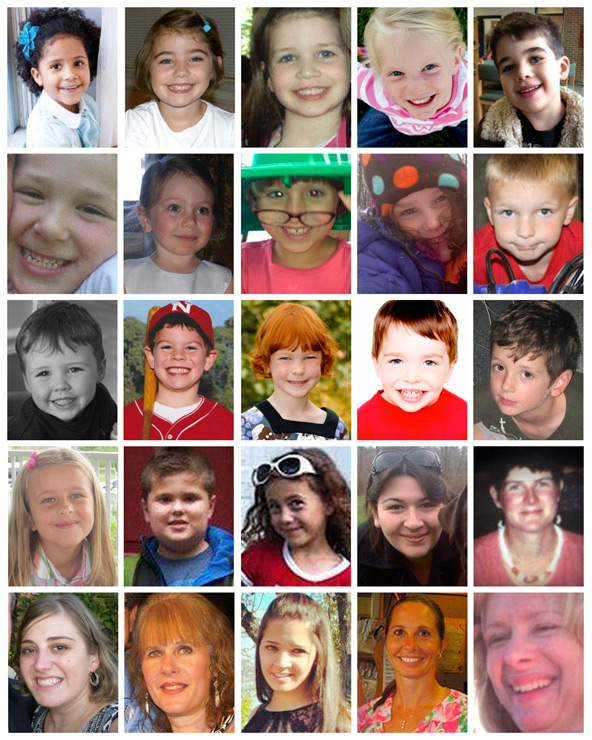 Undated photos from various memorial websites show the victims of the Dec. 14 Sandy Hook Elementary School shootings in Newton, Conn. Pictured, starting on the top row, from left to right, are Ana Marquez-Greene, Caroline Previdi, Jessica Rekos, Emilie P arker, and Noah Pozner; Jesse Lewis, Olivia Engel, Josephine Gay, Charlotte Bacon and Chase Kowalski; Daniel Barden, Jack Pinto, Catherine Hubbard, Dylan Hockley and Benjamin Wheeler; Grace McDonnell, James Mattioli, Avielle Richman, Rachel Davino and An ne Marie Murphy; Lauren Rousseau, Mary Sherlach, Victoria Soto, Dawn Hochsprung and Nancy Lanza. (CNS photo/Reuters)