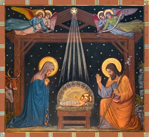 The Nativity is depicted in a mural titled "Birth of Jesus" in the Basilica of the Immaculate Conception at Conception Abbey in Conception, Mo. Painted by Benedictine monks in the late 1800s, the artwork is the first appearance of the German Beuronese s tyle in a U.S. church. Christians celebrate the incarnation of the divine word -- the birth of Christ -- Dec. 25. (CNS photo courtesy Conception Abbey)