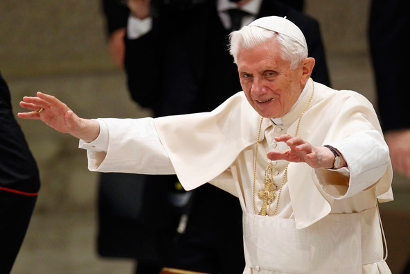 Pope Benedict XVI waves after leading his weekly audience in Paul VI hall at the Vatican Jan. 2. (CNS photo/Giampiero Sposito, Reuters) 