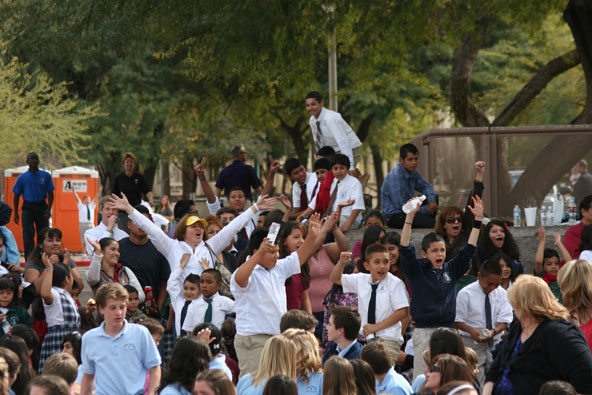 St. Matthew students cheer during an all-school event Feb. 1, 2012 as part of the annual Catholic Schools Week rally at the Arizona Capitol. Student council leaders gather there every year to celebrate National Appreciation Day for Catholic Schools. (Ambria Hammel/CATHOLIC SUN)