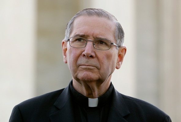 Cardinal Roger M. Mahony, retired archbishop of Los Angeles, has been relieved of all administrative and public duties in the Los Angeles Archdiocese because of his past failures to protect children from clergy sex abuse, according to a Jan. 31 statement from Los Angeles Archbishop Jose H. Gomez. Cardinal Mahony is pictured in 2012 outside the Supreme Court building in Washington when he and others called on the nation's highest court and the government to act to right the country's immigration system. (CNS photo/Nancy Phelan Wiechec)
