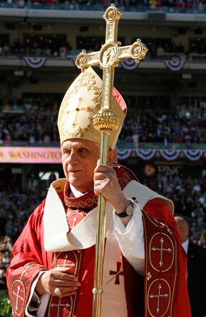 Pope Benedict pictured in 2008 photo during visit to Washington Pope Benedict XVI arrives to celebrate Mass at Nationals Park in Washington in 2008. The pope announced Feb. 11 that he will resign at the end of the month. The 85-year-old pontiff said he no longer has the energy to exercise his ministry over the univer sal church. (CNS photo/Paul Haring)