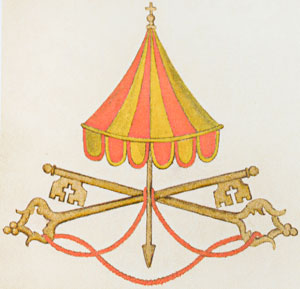 Cropped image from the cover of a cardinal's prayer book from the last papal transition is imprinted with the Vatican insignia representing a vacant Holy See. The emblem is used between the death of a pope and the election of a new one -- a period known as the "interregnum." The Holy See will be considered vacant with the resignation of Pope Benedict XVI Feb. 28. (CNS photo/Nancy Phelan Wiechec)