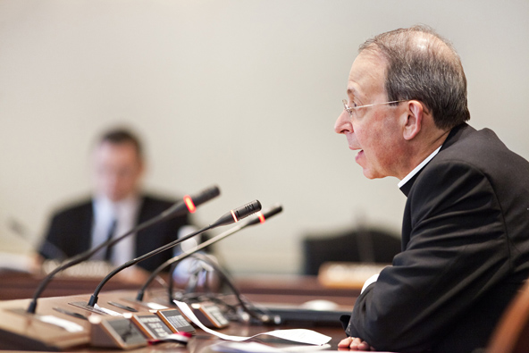 Archbishop William E. Lori of Baltimore testifies in support of the repeal of Maryland's death penalty during a hearing of the House Judiciary Committee in Annapolis, Md., Feb. 14. (CNS photo/Tom McCarthy Jr., Catholic Review)