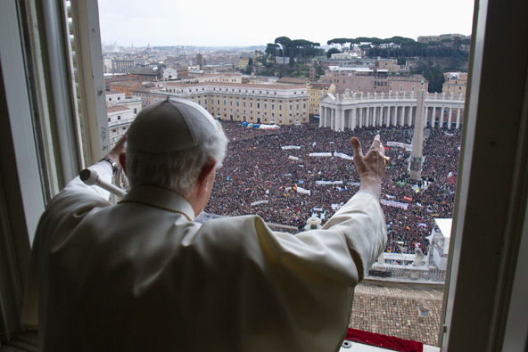 Pope Benedict XVI leads his final Angelus as pope from the window of his apartment overlooking St. Peter's Square at the Vatican Feb. 24. His papacy will officially end Feb. 28 at 8 p.m. Rome time. (CNS photo/L'Osservatore Romano via Reuters)