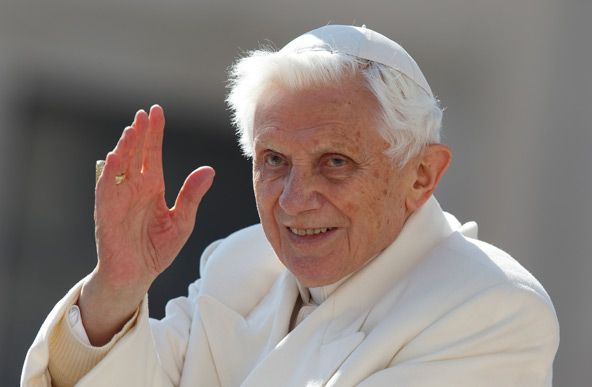Pope Benedict XVI waves as he leaves his final general audience in St. Peter's Square at the Vatican Feb. 27. (CNS photo/Paul Haring) 