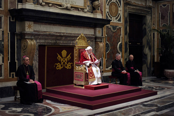 Pope Benedict XVI addresses the College of Cardinals at the Vatican Feb. 28, the final day of his papacy. In attendance were 144 cardinals, including many of the 115 younger than 80 who are eligible and expected to vote in the upcoming conclave. (CNS pho to/L'Osservatore Romano via Reuters)