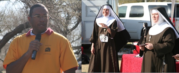 A St. Joseph the Worker client shares with hikers how the agency helped him overcome homelessness and unemployment before the 2009 benefit hike (left). Poor Clare Sisters John-Mark Maria and Sr. Mary Fidelis hand out awards after last year's Nun Run benefiting their chapel in Tonopah (right). Registration for this year's hike and run ends soon. (Ambria Hammel/CATHOLIC SUN)