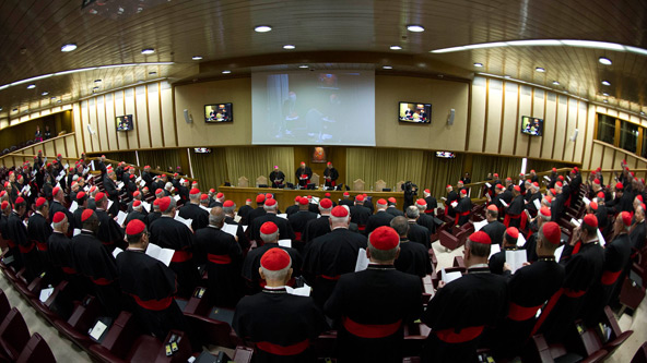 Cardinals attend a meeting at the synod hall in the Vatican March 4. Preparations for electing a new pope began as the College of Cardinals met. (CNS photo/L'Osservatore Romano via Reuters)