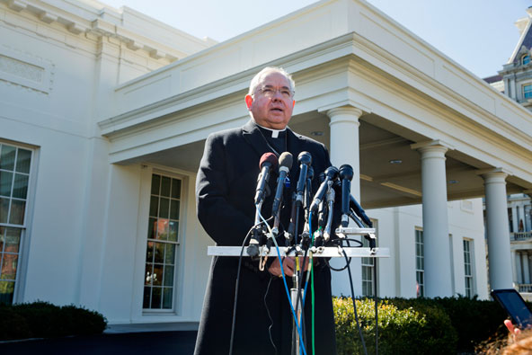 Archbishop Jose H. Gomez of Los Angeles speaks to the media after a March 8 meeting at the White House with President Barack Obama and other faith leaders to discuss the need for immigration reform. (CNS photo/Joshua Roberts)