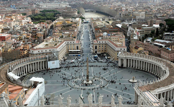 People walking through St. Peter's Square are seen from the dome of St. Peter's Basilica at the Vatican March 11, the day before the world's cardinals gather for the conclave in the Sistine Chapel to elect a new pope. (CNS photo/Eric Gaillardi, Reuters) 
