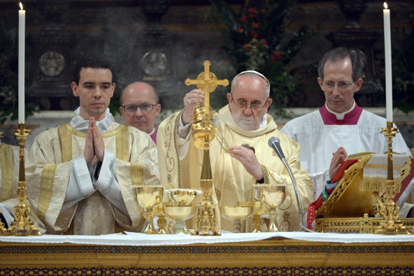 Pope Francis celebrates Mass with cardinal electors in the Sistine Chapel at the Vatican March 14, the day after his election. (CNS photo/L'Osservatore Romano)