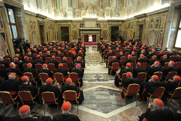 Pope Francis meets with the College of Cardinals in the Vatican's Clementine Hall March 15. Young people need the wisdom and knowledge of older people, whose insight is like "fine wine that gets better with age," he told the cardinals. (CNS photo/L'Osser vatore Romano)