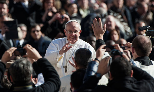 Pope Francis greets people in St. Peter's Square before celebrating his inaugural Mass at the Vatican March 19. (CNS photo/Alessia Giuliani, Catholic Press Photo) 