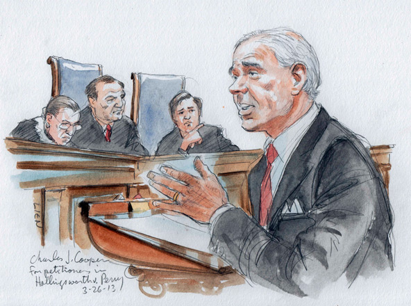 An artist's rendering shows attorney Charles Cooper arguing in support of California's Proposition 8 in the U.S. Supreme Court in Washington March 26. The court was hearing oral arguments on the constitutionality of California's law banning same-sex marr iage (CNS photo/Art Lien, Reuters).