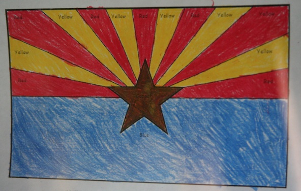 Student art hangs in a classroom window at St. Theresa Catholic School honoring Arizona's centennial in February 2012. (Ambria Hammel/CATHOLIC SUN)