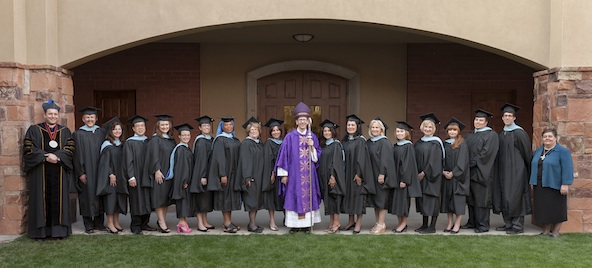 University of Mary President Monsignor James Shea; Ray Medhus; Jan Carteaux; Thomas Mar; Traci Esposito; Janis Pusch-Good; Rochelle Chambers; Sister Maria Chinelo Nwokofor; Gail Hartman; Cynthia Amrhein; Phoenix Bishop Thomas Olmsted; Elizabeth Lozano; Elizabeth Ulloa; Catherine Lucero; Kelly Perry; Barbara Nicol; Kimberly Koontz; Adrian Espana; Tom Welsh; Sister Nancy Miller (OSB), prioress of the Benedictine Sisters of Annunciation Monastery in Bismarck, ND, and the sponsor of the University of Mary. (photo courtesy of University of Mary)
