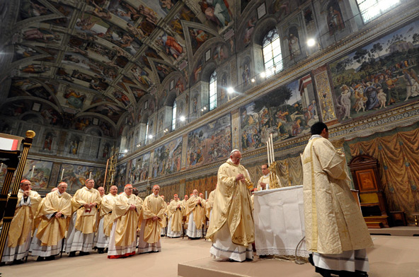 Pope Francis celebrates Mass with cardinal electors in the Sistine Chapel at the Vatican March 14, the day after his election. (CNS photo/L'Osservatore Romano)