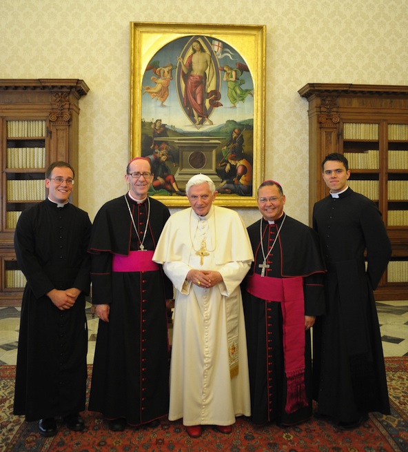 Phoenix seminarians Kevin Grimditch (left) and Fernando Camou (right) meet Pope Benedict XVI in May 2012 during Bishop Thomas J. Olmsted's and Bishop Eduardo A. Nevares' ad lumina visit to the Vatican. (photo courtesy of Diocese of Phoenix Archives). Both seminarians were in Rome during the pope's departure Feb. 28.