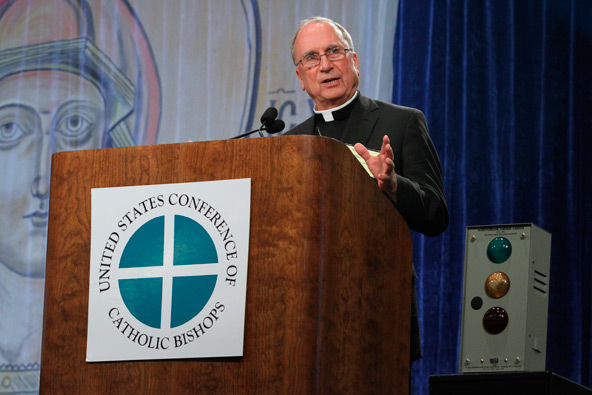 Bishop Stephen E. Blaire of Stockton, Calif., chairman of the U.S. bishops' Committee on Domestic Justice and Human Development, addresses the bishops at their annual mid-year meeting June 13, 2012 in Atlanta. (CNS photo/Michael Alexander, Georgia Bulletin)