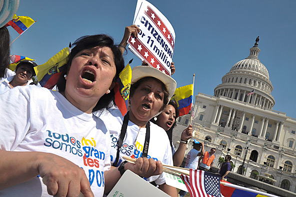 Maria del Alba Rodriguez and her sister, Rosa Maria Villalba, shout slogans as people rally for comprehensive immigration reform April 10 near the U.S. Capitol in Washington. Demonstrators urged lawmakers to support a path to citizenship for an estimate d 11 million undocumented immigrants in the U.S. (CNS photo/Rafael Crisostomo, El Pregonero) 
