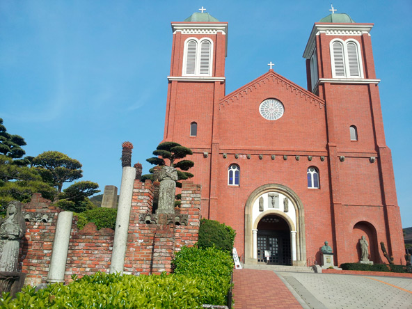 Rebuilt Urakami Cathedral in Nagasaki. Also known as St. Mary's. Original destroyed by A-bomb in 1945 which exploded 500 meters south and 500 meters above. Some ruins of the original can be seen on the left.