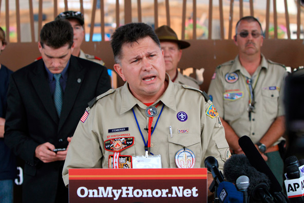 John Stemberger, an Eagle Scout and founder of OnMyHonor.Net, a coalition opposed to allowing open homosexuality in the Boy Scouts of America, addresses the media May 23 in Grapevine, Texas, after the Scouts voted on allowing openly gay members to join t he Boy Scouts of America May 23 . (CNS photo/Ben Torres, The Texas Catholic)