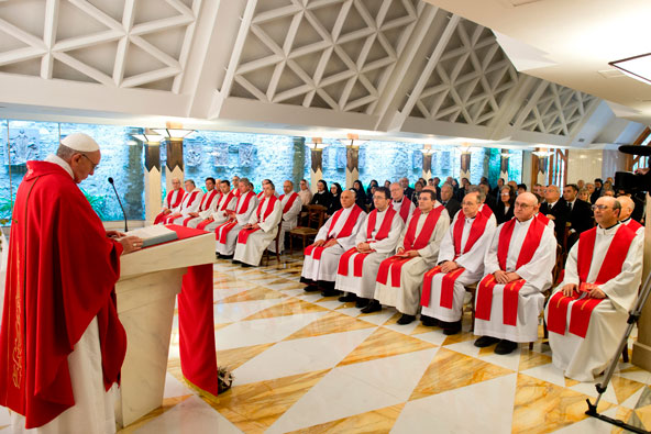 Pope Francis celebrates Mass in the Domus Sanctae Marthae at the Vatican June 3. The pope, who is living at the Vatican guesthouse, celebrates weekday morning Mass in the chapel. (CNS photo/L'Osservatore Romano) 