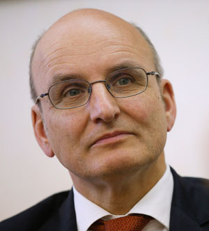 Ernst von Freyberg, who has assumed the function of interim general director of the Vatican bank, listens to a question during an interview in his office at the Vatican June 10. A statement from the Vatican press office said the bank's director, Paolo Ci priani, and its deputy director, Massimo Tulli, offered their resignations July 1 "in the best interest of the institute and the Holy See." (CNS photo/Tony Gentile, Reuters) 