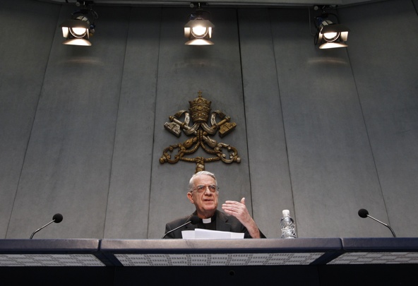 Jesuit Father Federico Lombardi, the Vatican spokesman, addresses a news conference about the canonization efforts for Blessed John Paul II and Blessed John XXIII July 5 at the Vatican. Pope Francis signed a decree recognizing the miracle needed for the canonization of Blessed John Paul II and has asked the world's cardinals to vote on the canonization of Blessed John XXIII, even in the absence of a miracle. (CNS photo/Paul Haring)