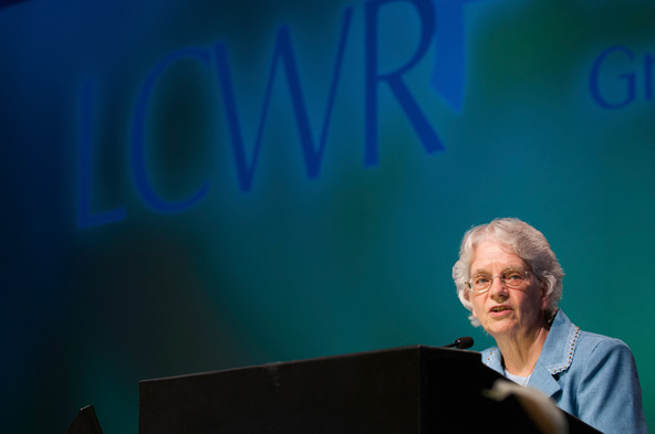 Franciscan Sister Florence Deacon addresses the Leadership Conference of Women Religious Aug. 16 during its annual assembly in Orlando, Fla. In her presidential address, the outgoing president gave a reflection on what it means to be a faithful woman of the church as a framework for a way forward in LCWR's relationships with church leaders. (CNS photo/Roberto Gonzalez)