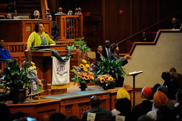 Bernice A. King addresses an interfaith service marking the 50th anniversary of the March on Washington Aug. 28 at Shiloh Baptist Church in the nation's capital. Bernice King is the youngest child of the Rev. Martin Luther King Jr., the civil rights lead er whose "I Have a Dream" speech inspired generations of people in the fight for equality, justice and peace. (CNS photo/Matthew Barrick) 