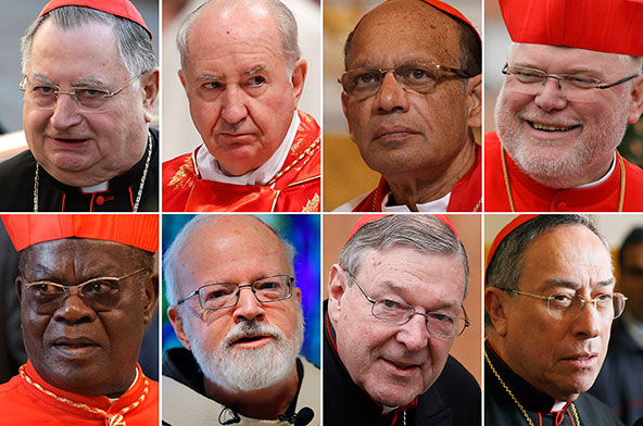 Pope Francis made his international advisory panel on church governance, unofficially dubbed the "Group of Eight" or "G-8," a permanent council of cardinals. He was scheduled to meet for the first time with the panel Oct. 1. The eight are from top, left to right: Italian Cardinal Giuseppe Bertello, Chilean Cardinal Francisco Javier Errazuriz Ossa, Indian Cardinal Oswald Gracias, German Cardinal Reinhard Marx, Congolese Cardinal Laurent Monsengwo Pasinya, U.S. Cardinal Sean P. O'Malley, Australian Cardin al George Pell and Honduran Cardinal Oscar Rodriguez Maradiaga. (CNS photos)