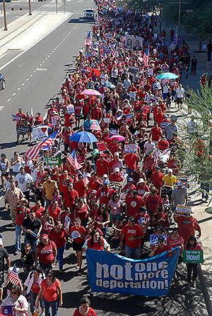 More than 4,000 march from Immaculate Heart of Mary Parish down Washington Street en route to the Sandra Day O'Connor Federal Courthouse. (Tamara Tirado/CATHOLIC SUN)
