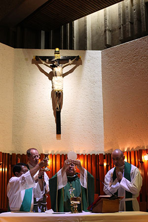 Auxiliary Bishop Eduardo A. Nevares concelebrates a Mass with Fr. Fred Adamson and Fr. Ernesto Reynoso in the Capilla de San José at Our Lady of Guadalupe Basilica. 