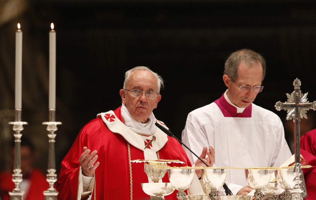Pope Francis celebrates the Eucharist during Mass in St. Peter's Basilica at the Vatican Nov. 4. The memorial Mass recalled the cardinals and bishops who died during the past year. (CNS photo/Paul Haring)