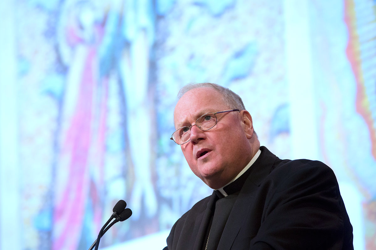 New York Cardinal Timothy M. Dolan, president of the U.S. Conference of Catholic Bishops, addresses the annual fall meeting of the bishops Nov. 11 in Baltimore. (CNS photo/Nancy Phelan Wiechec) 