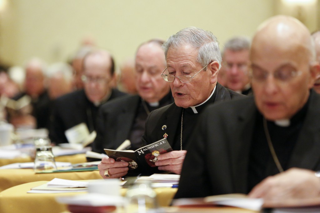 Members of the U.S. Conference of Catholic Bishops pray before the second day of proceedings at the bishops' annual fall meeting Nov. 12 in Baltimore. (CNS photo/Nancy Phelan Wiechec)