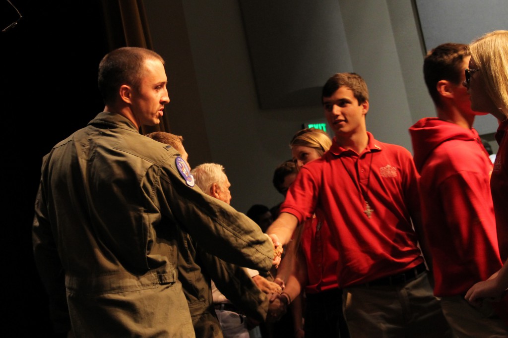 A Seton student thanks First Lieutenant Airman Matt Bender from Luke Air Force Base in Glendale for his service following a school presentation Nov. 12. Seton students also offered a rosary for the U.S. (Ambria Hammel/CATHOLIC SUN