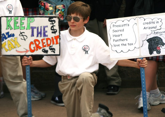 This unidentified student of Sacred Heart School in Prescott was one among hundreds who rallied in February 2012 at the Arizona State Capitol in support of the state’s tuition tax credits for private education. (Ambria Hammel/CATHOLIC SUN)