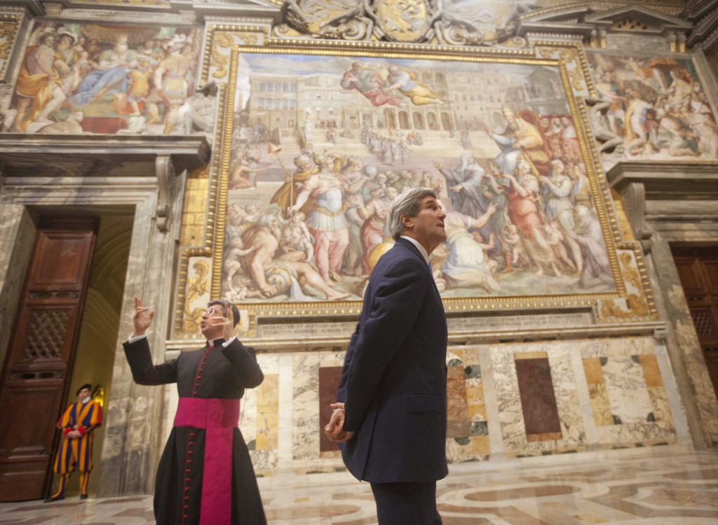 U.S. Secretary of State John Kerry tours the "Sala Regia," the "royal room" of the Vatican, Jan. 14 with Msgr. Jose Bettencourt, the Holy See's head of protocol. (CNS photo/Pablo Martinez Monsivais, pool via Reuters)