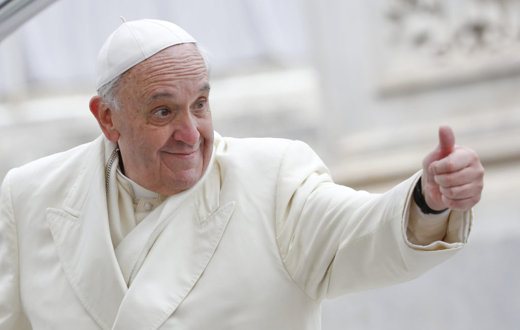 Pope Francis gives the thumbs up during his general audience in St. Peter's Square at the Vatican Jan. 29. (CNS photo/Tony Gentile, Reuters)