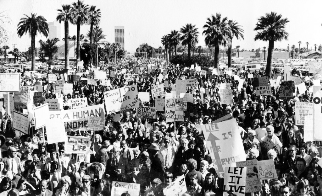 A massive demonstration against the Supreme Court decision legalizing abortion drew thousands to downtown Phoenix in the mid-1970s. Jan. 22 marks the 41st anniversary of the landmark Roe v. Wade ruling. (Courtesy photo)