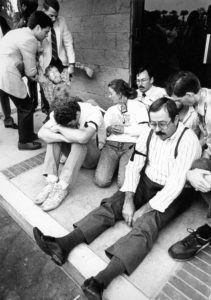 Randy Mallaire is dragged away by police officers outside an abortion clinic in Phoenix in 1988. Beside him is Sheila Riely, director of Life Choices Women’s Clinics. (Courtesy photo)