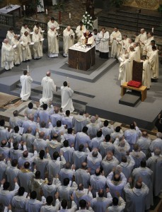 Pope Francis celebrates Mass with 300 of his Jesuit confreres at the Church of the Gesu in Rome Jan. 3. The Mass was celebrated on the feast of the Most Holy Name of Jesus in thanksgiving for the recent canonization of Jesuit St. Peter Faber. (CNS photo/ Paul Haring)