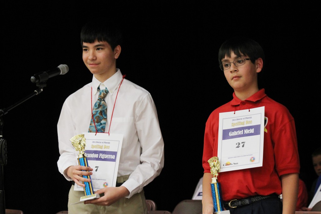 Brandon Figueroa from Blessed Pope John XXIII in Scottsdale (left) and Gabriel Nield from St. John Vianney in Goodyear (right) were the two finalists in this year's annual Diocesan Spelling Bee, Jan. 28 at St. Francis Xavier School. Figueroa went on to spell “memoir” to win the bee. (Ambria Hammel/CATHOLIC SUN)