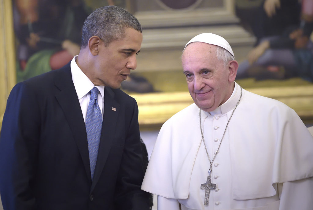 U.S. President Barack Obama speaks with Pope Francis during a private audience at the Vatican March 27, 2014. (CNS photo/Stefano Spaziani, pool)