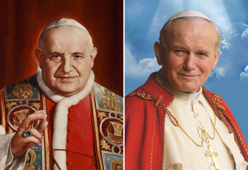 Pope Francis has set April 27 as the date for the canonization of Blessed John XXIII and Blessed John Paul II. The two pontiffs will become saints on Divine Mercy Sunday. John XXIII is depicted in a painting from a museum in his Italian birthplace. John Paul II is shown in a composite featuring a image of him by Polish photographer Grzegorz Galazka. (CNS)