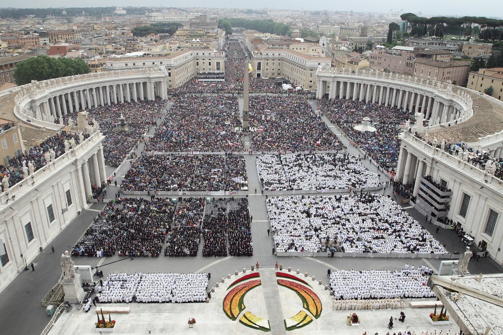 A large crowd is seen as Pope Francis celebrates the canonization Mass for Sts. John XXIII and John Paul II in St. Peter's Square at the Vatican April 27. (CNS photo/Evandro Inetti, pool)