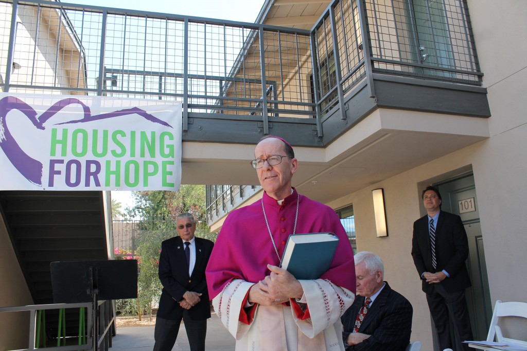 Bishop Thomas J. Olmsted blessed the 36-unit Verde Villas near St. Theresa Parish in central Phoenix March 25. The affordable housing community will serve low-income families and veterans and includes a community center. (Joyce Coronel/CATHOLIC SUN)
